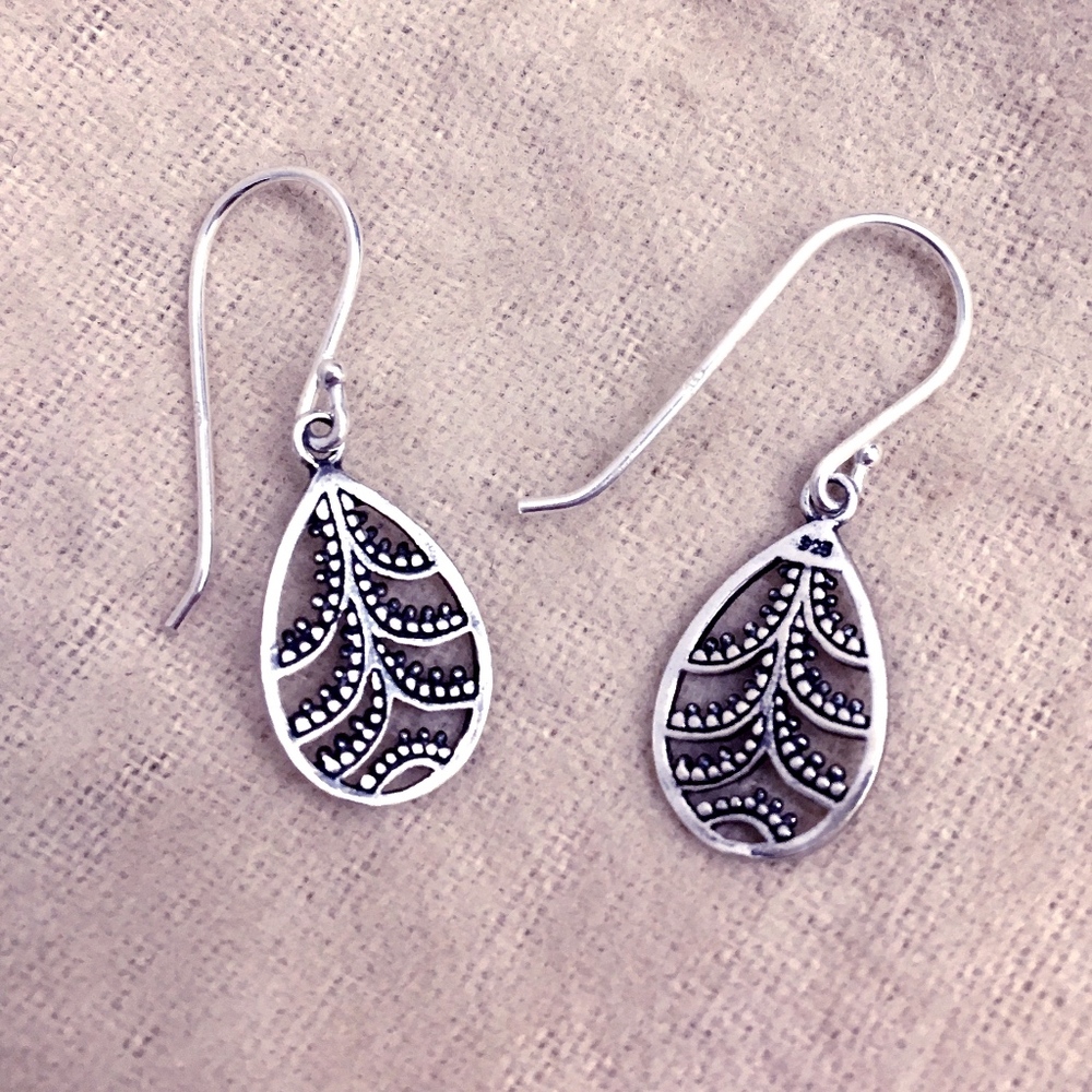 Silver Patterned Drop Bali Earrings